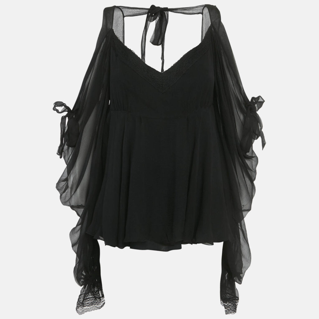 Christian Dior Black Silk Lace Trim Tie -Up Blouse M