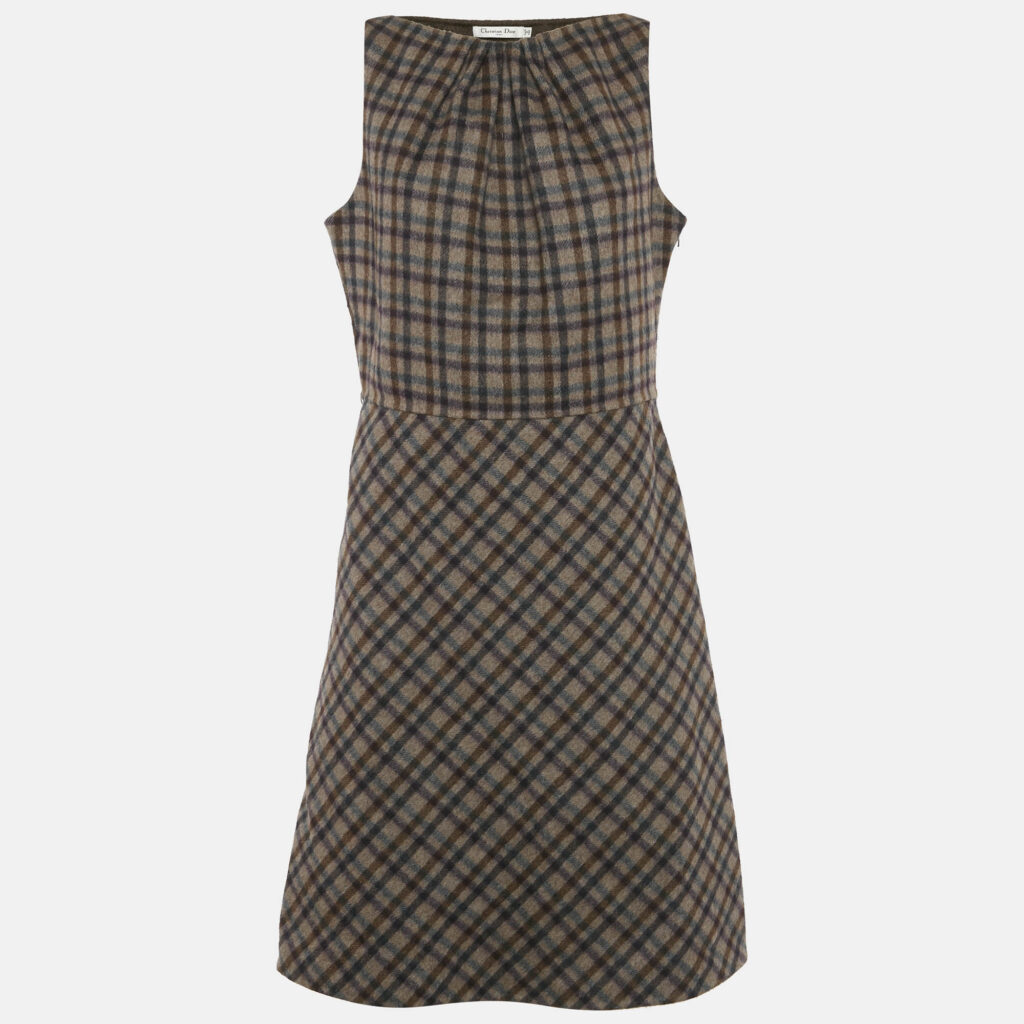 luxury-women-dior-used-clothes-p1216490-001-1.jpg Christian Dior Brown Plaid Wool Flared Short Dress L