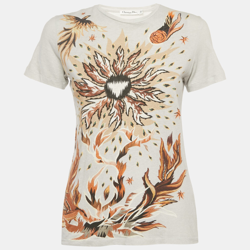 Christian Dior Grey Printed Cotton Blend T-Shirt S