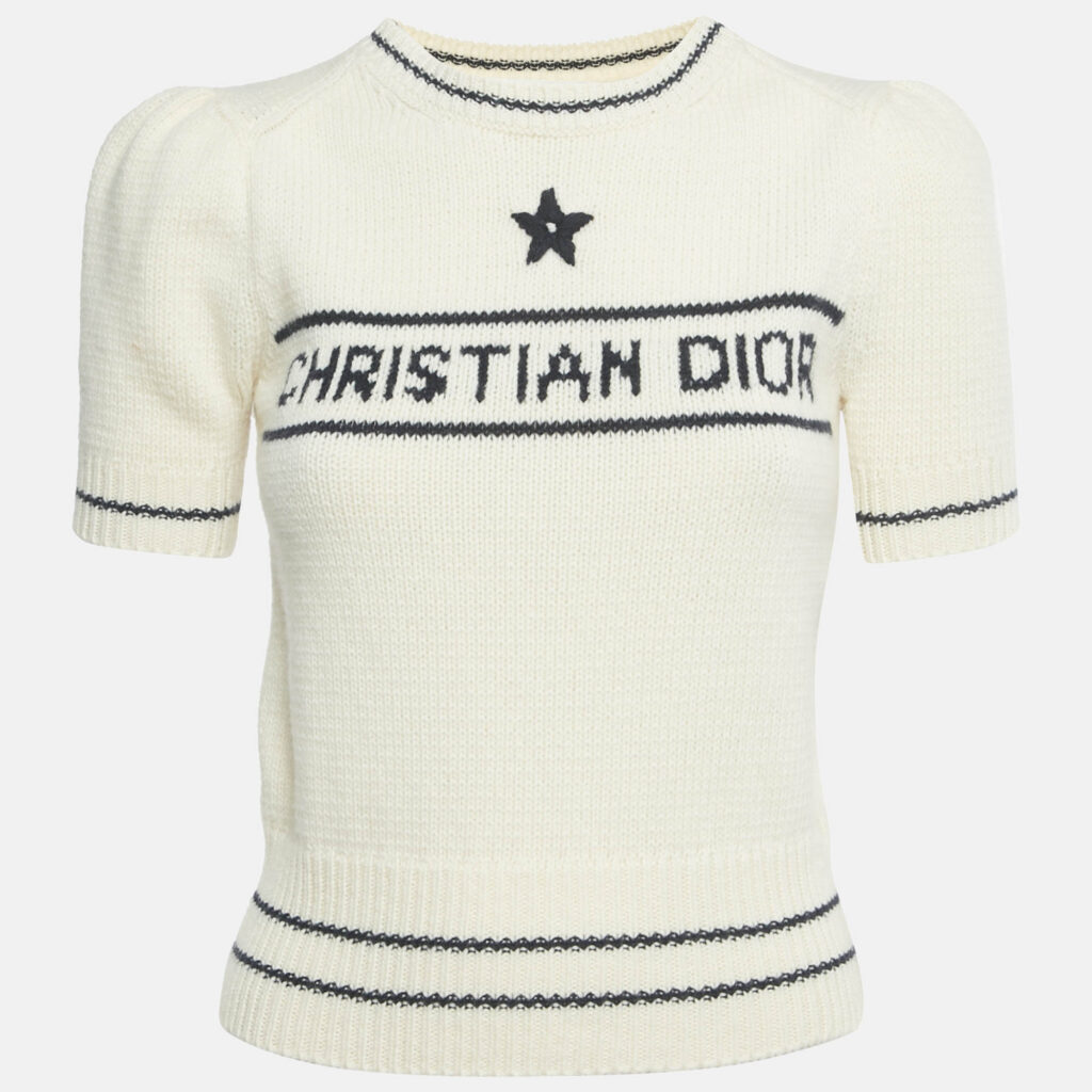 Christian Dior Cream Logo Intarsia Virgin Wool Short Sleeve Top S Christian Dior Cream Logo Intarsia Virgin Wool Short Sleeve Top S