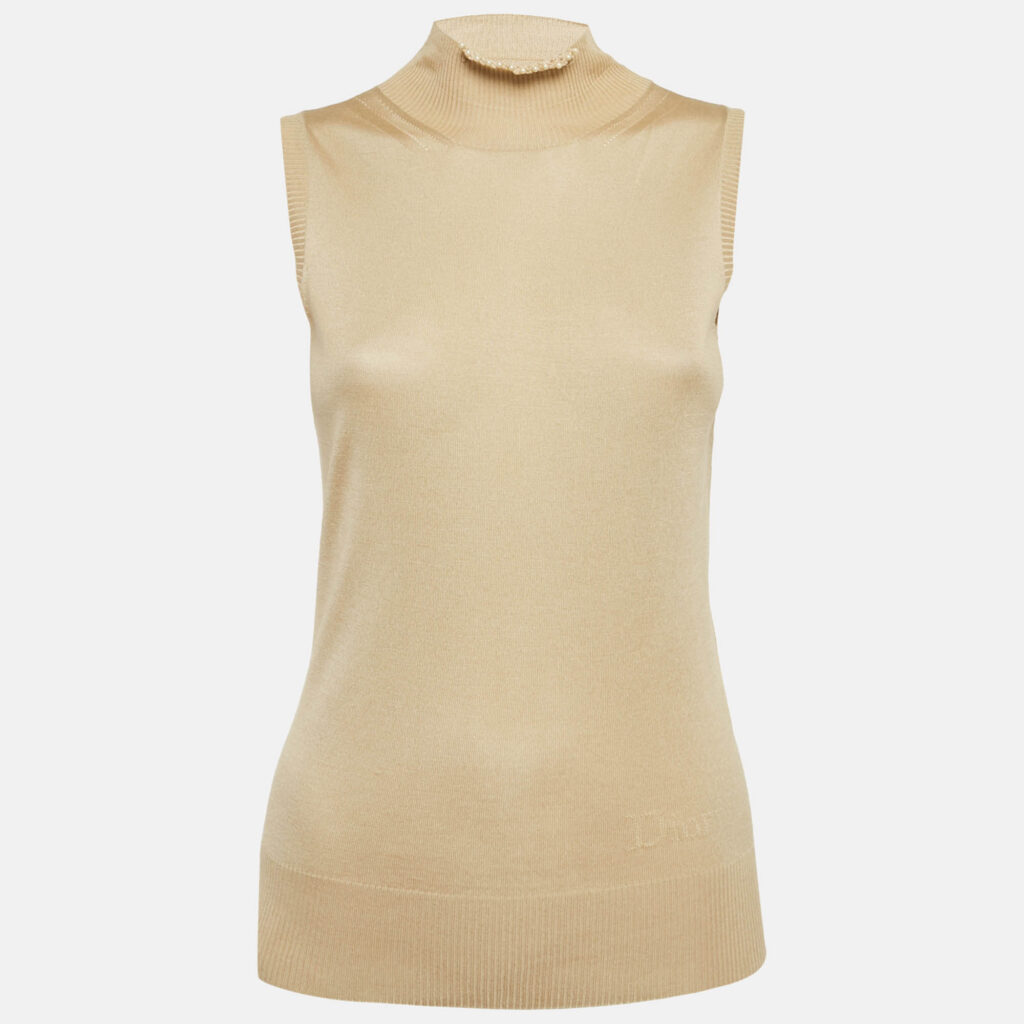 Christian Dior Boutique Beige Beaded Detail Silk Knit Top M