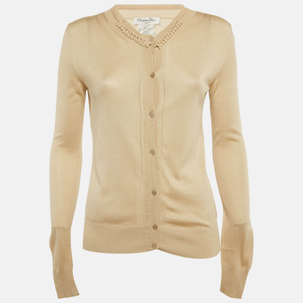 Christian Dior Boutique Beige Beaded Detail Silk Knit Cardigan S Christian Dior Boutique Beige Beaded Detail Silk Knit Cardigan S