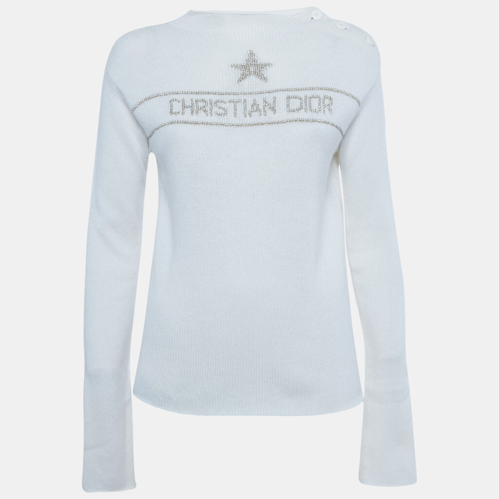 Dior Ivory Lurex Logo Intarsia Knit Sweater S