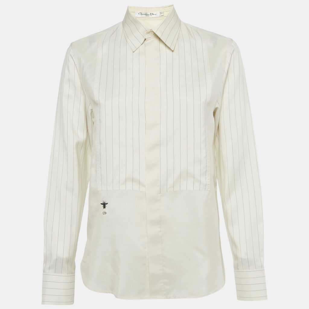 luxury-women-dior-used-clothes-p1244338-005-1.jpg Dior Cream Striped CD Bee Embroidered Silk Shirt S