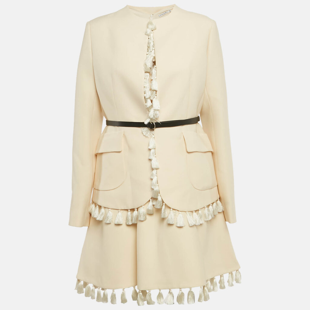 Dior Ecru Wool Blend Tassel Detail Jacket & Dress Set L Dior Ecru Wool Blend Tassel Detail Jacket & Dress Set L