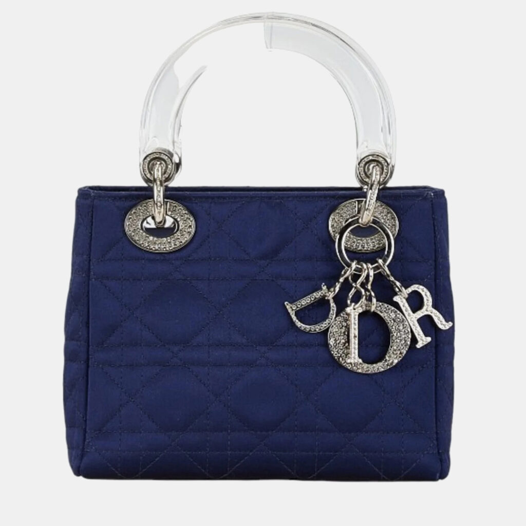 Christian Dior Navy Satin Plastic Dior Lady Rhinestone Handbag