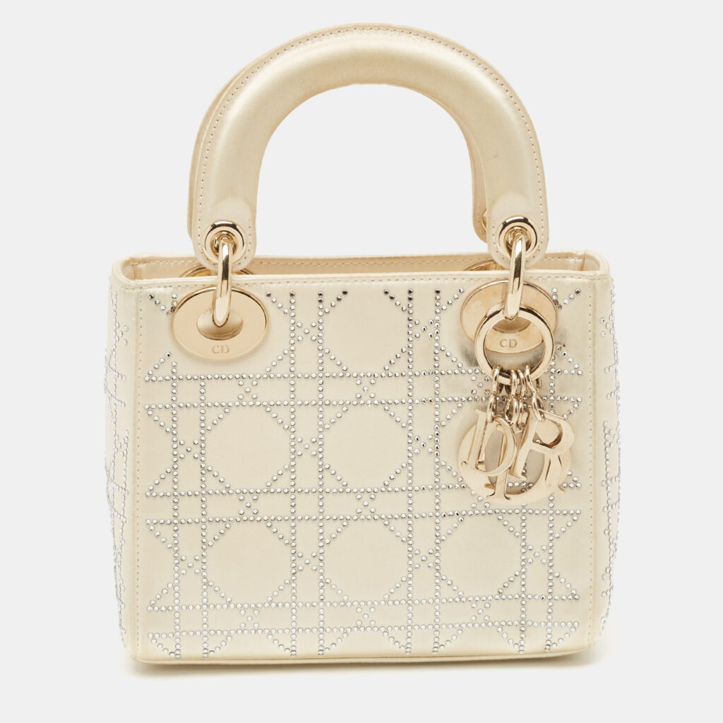Dior Off White Cannage Satin Mini Crystals Embellished Lady Dior Tote Dior Off White Cannage Satin Mini Crystals Embellished Lady Dior Tote