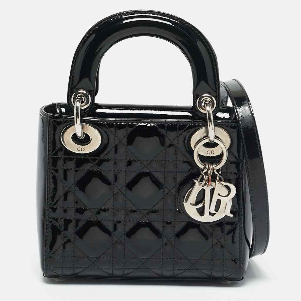 Dior Black Cannage Patent Leather Mini Lady Dior Tote