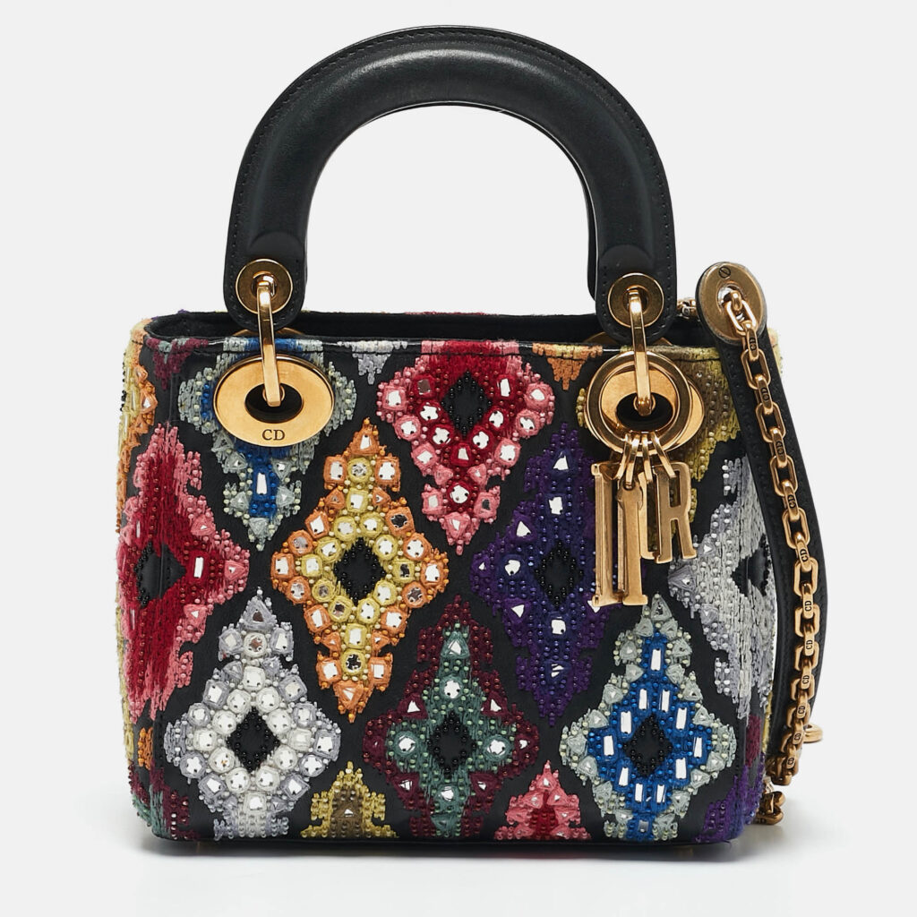 Dior Multicolor Leather Mini Embroidered Beads Lady Dior Tote