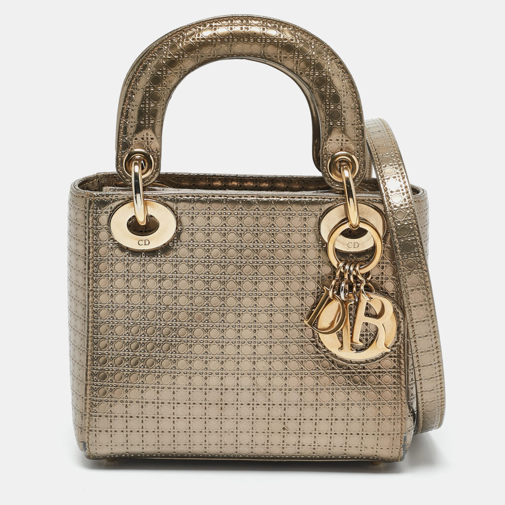 Dior Gold Microcannage Patent Leather Mini Lady Dior Tote