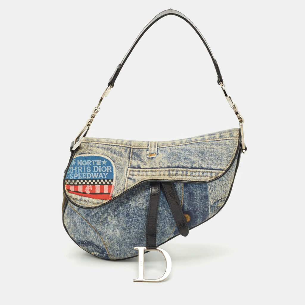 Dior Blue Denim and Patent Leather Speedway Saddle Bag