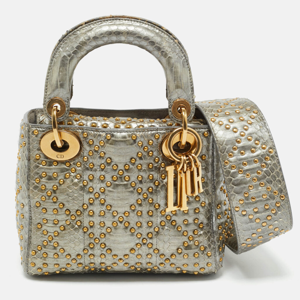 Dior Metallic Grey Cannage Python Mini Studded Supple Lady Dior Tote Dior Metallic Grey Cannage Python Mini Studded Supple Lady Dior Tote