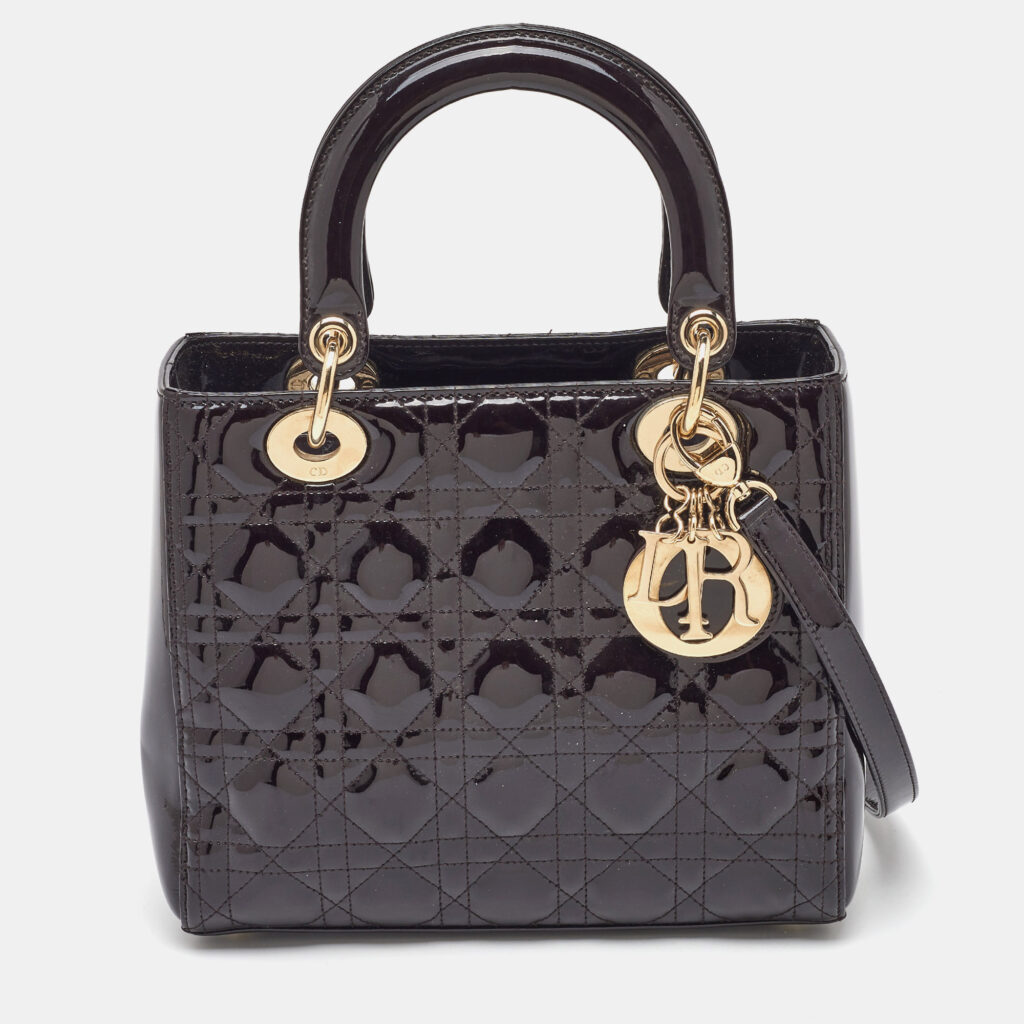 Dior Dark Cherry Cannage Patent Leather Medium Lady Dior Tote
