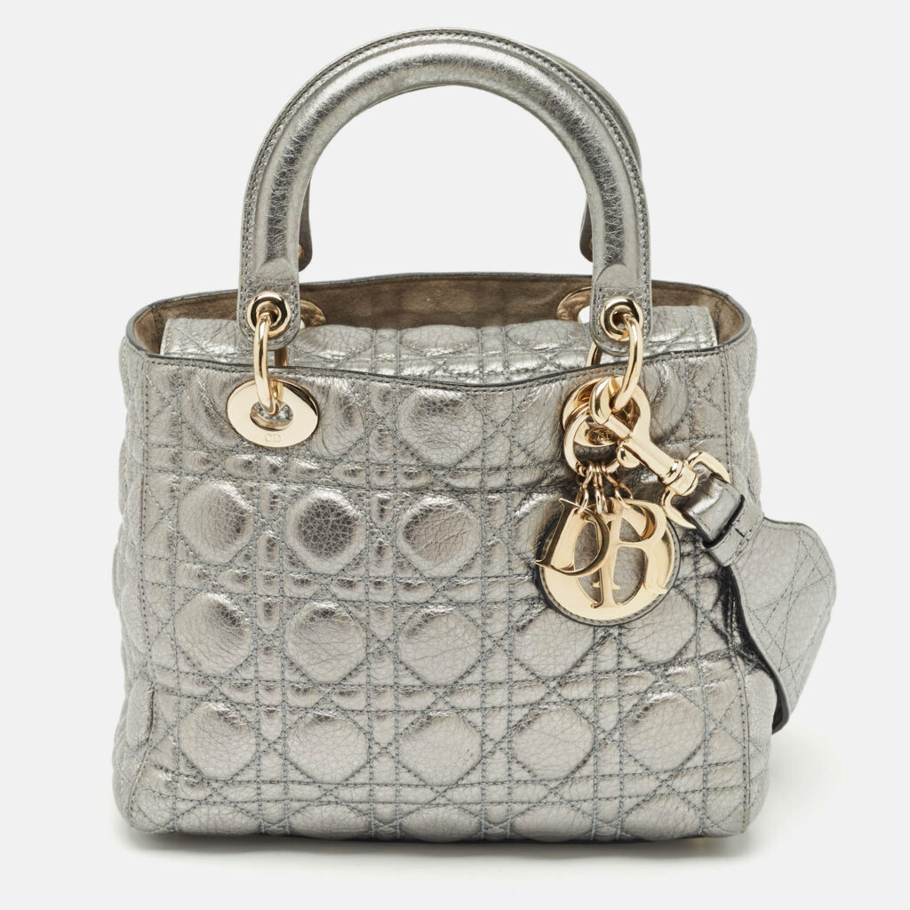 Dior Metallic Grey Cannage Leather Medium Lady Dior Tote Dior Metallic Grey Cannage Leather Medium Lady Dior Tote
