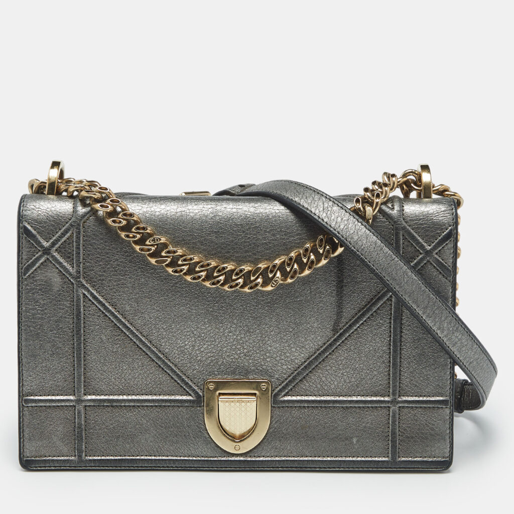 Dior Metallic Grey Leather Medium Diorama Flap Bag Dior Metallic Grey Leather Medium Diorama Flap Bag