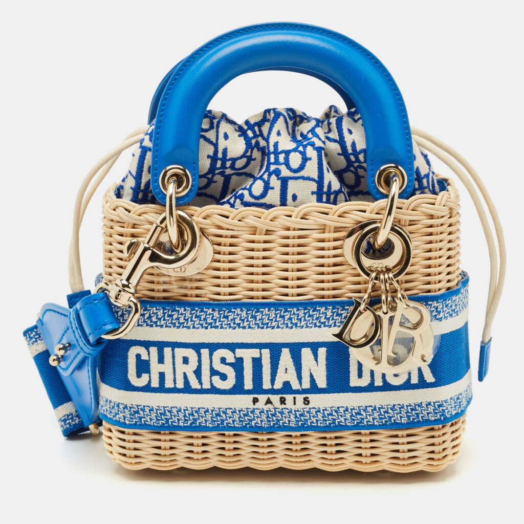 Dior Blue/Cream Rattan and Fabric Mini Wicker Lady Dior Tote Dior Blue/Cream Rattan and Fabric Mini Wicker Lady Dior Tote