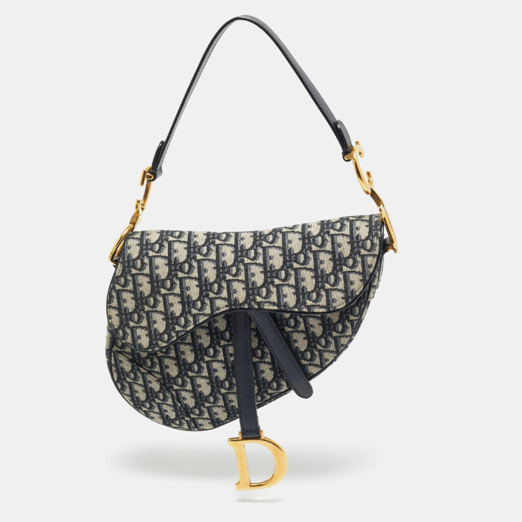 Dior Navy Blue Oblique Canvas and Leather Saddle Bag Dior Navy Blue Oblique Canvas and Leather Saddle Bag