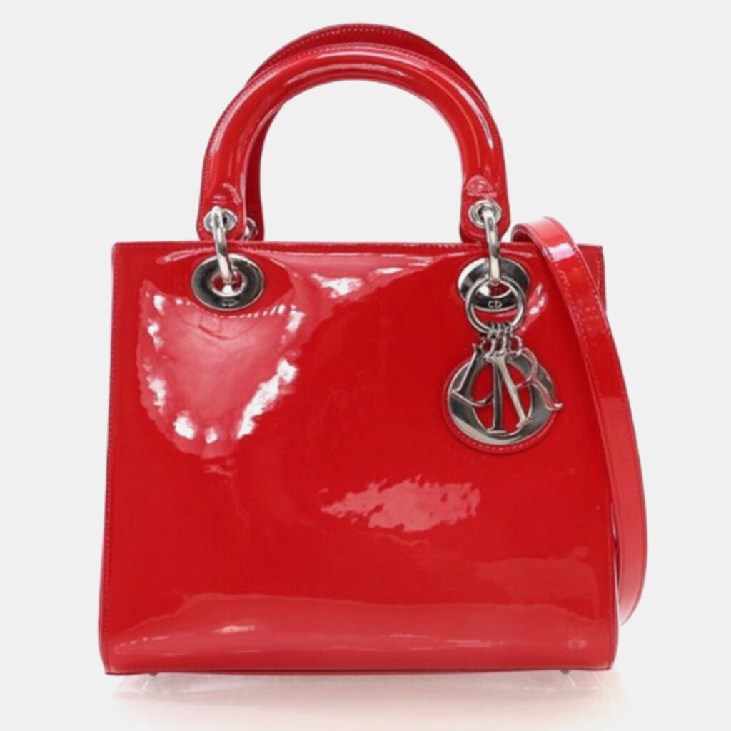 Dior Lady Dior Medium Red Smooth Patent Leather Handbag