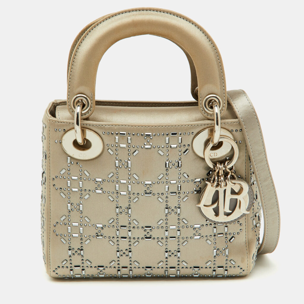 Dior Light Grey Satin Cannage Strass Crystal Embellished Mini Lady Dior Tote