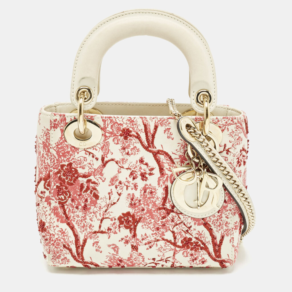Dior Red/White Leather Mini Floral Embroidered Lady Dior Tote