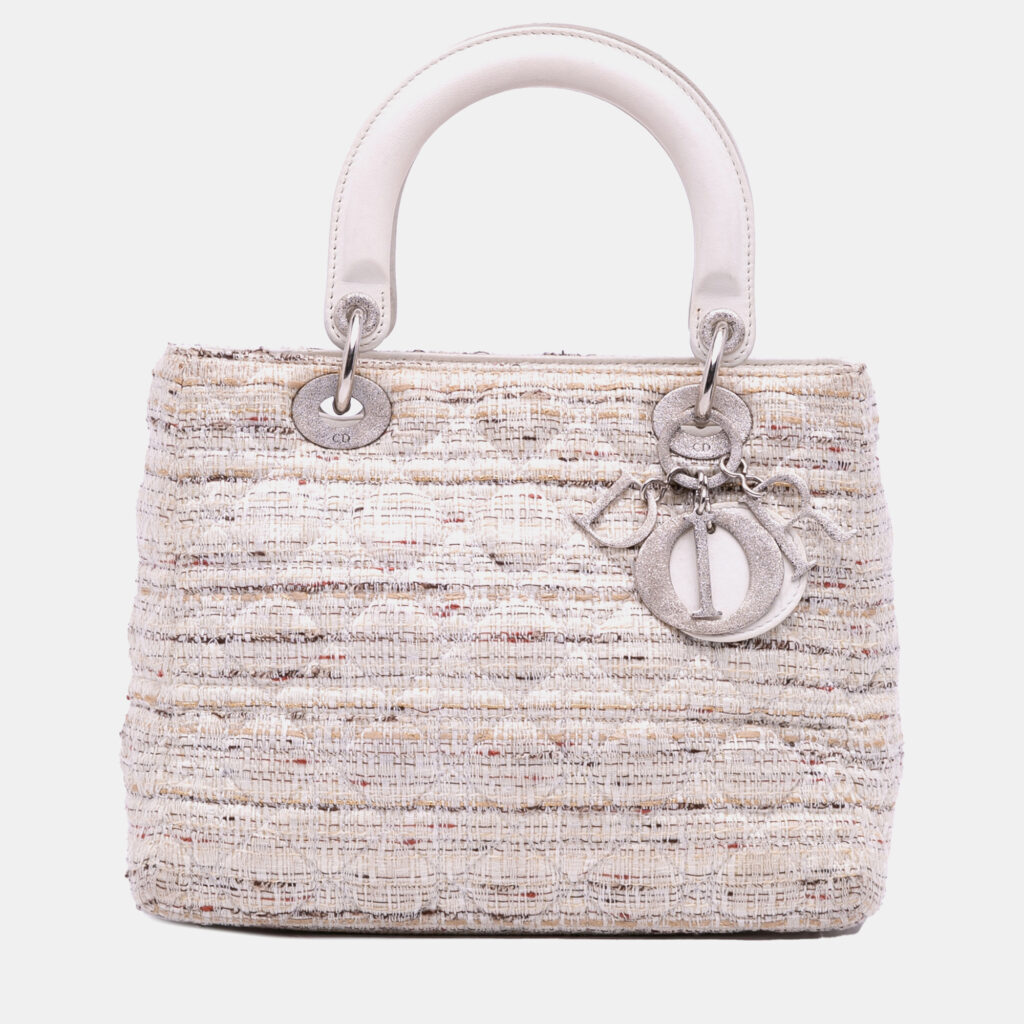 Dior White Medium Tweed Cannage Lady Dior