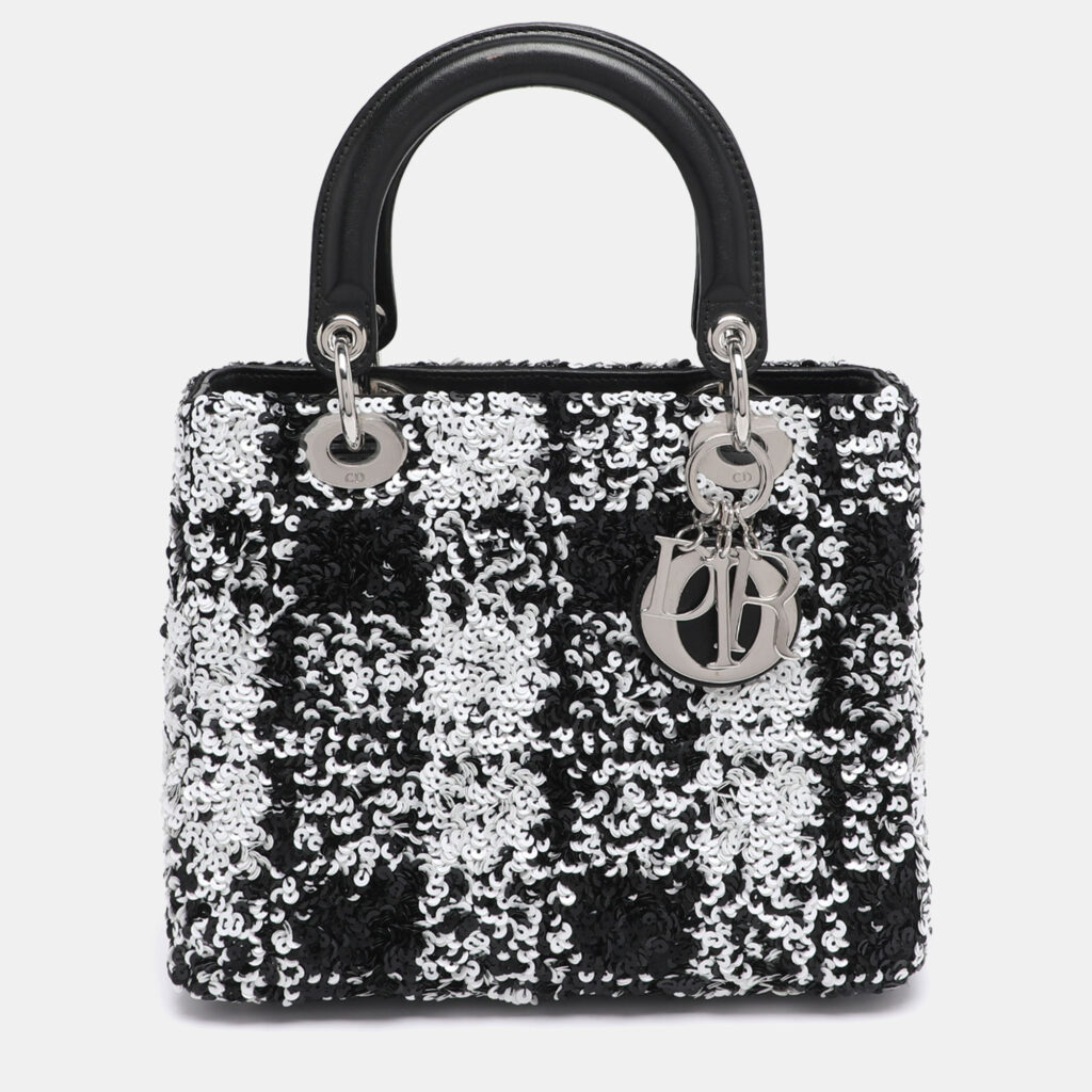 Dior Black/White Sequins and Leather Medium Lady Dior Tote