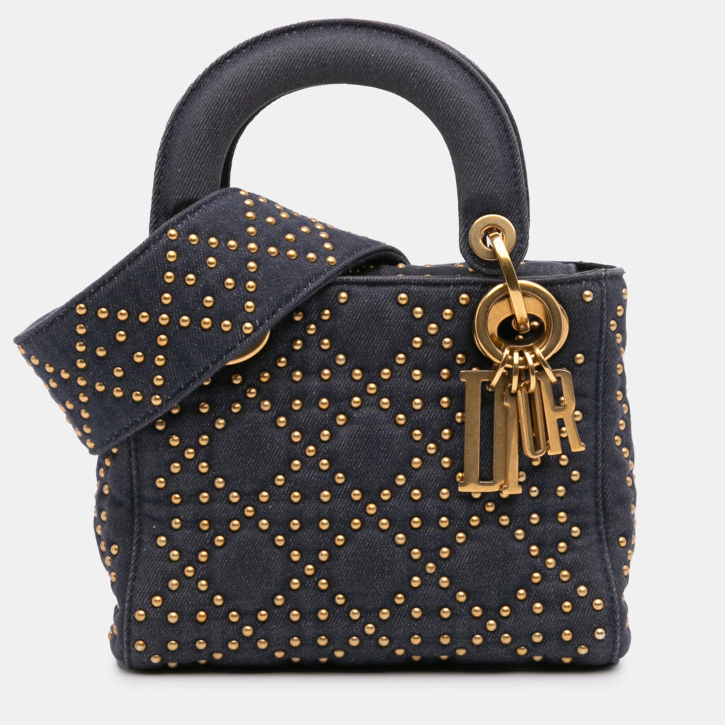 Dior Navy Blue Mini Denim Cannage Studded Supple Lady Dior Dior Navy Blue Mini Denim Cannage Studded Supple Lady Dior