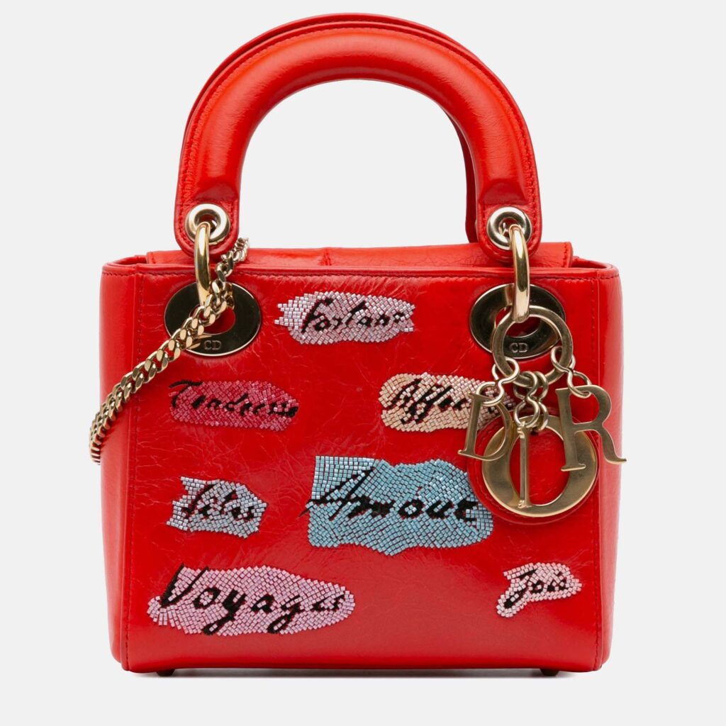 Dior Lady Dior Mini Calfskin Red Sequin Embellished Handbag