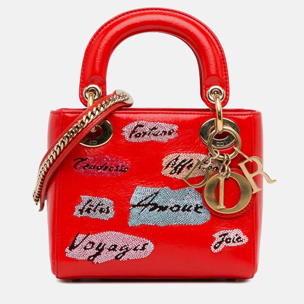 Dior Lady Dior Mini Red Calfskin Sequin Embellished Handbag Dior Lady Dior Mini Red Calfskin Sequin Embellished Handbag