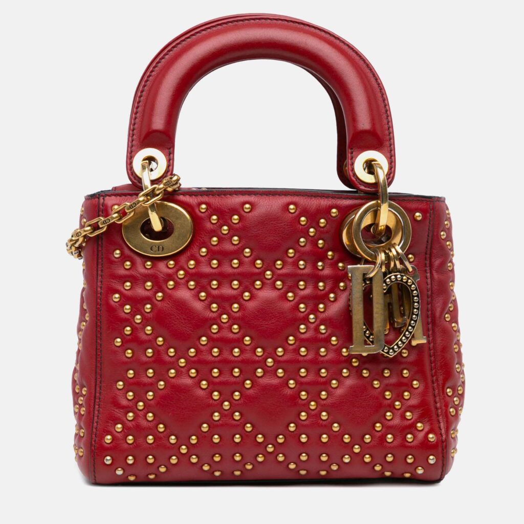 Dior Lady Dior Mini Red Lambskin Studded Handbag Dior Lady Dior Mini Red Lambskin Studded Handbag