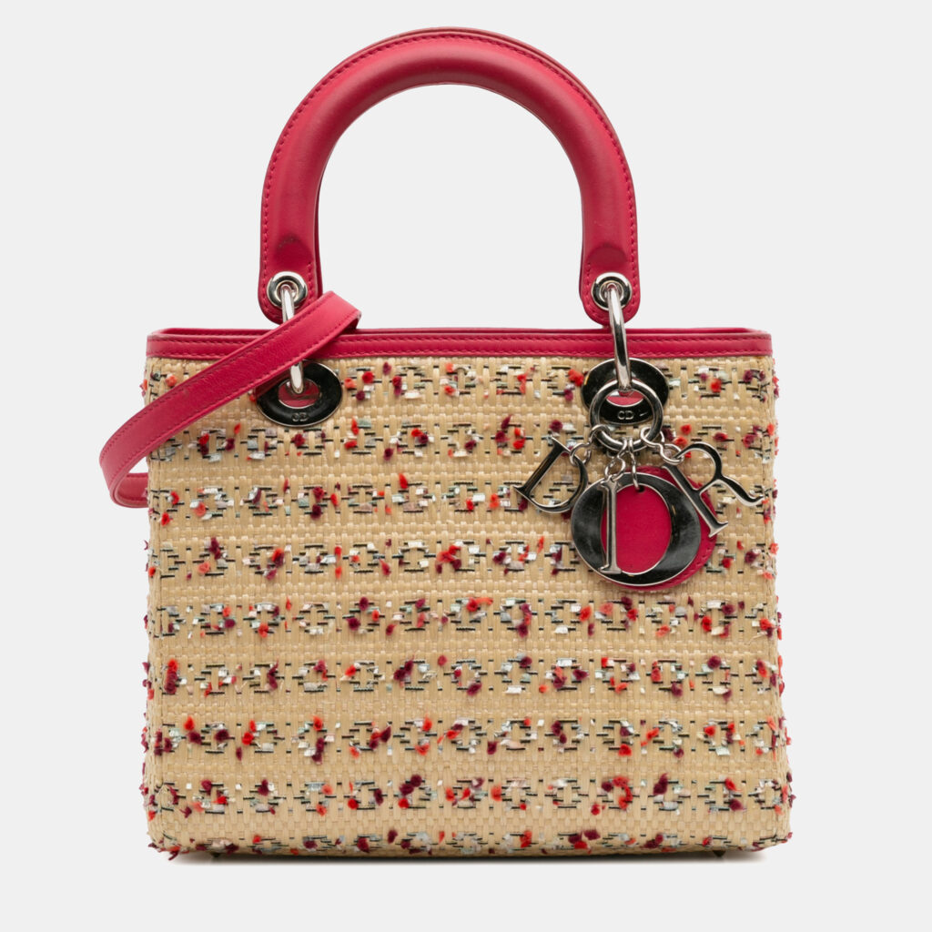 Dior Beige/Pink Medium Woven Raffia Lady Dior Dior Beige/Pink Medium Woven Raffia Lady Dior