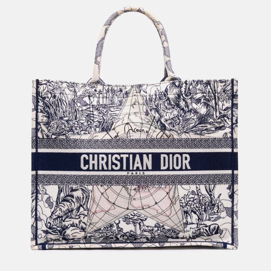 Dior Navy Blue/White Large Canvas Embroidered Around The World Book Tote Dior Navy Blue/White Large Canvas Embroidered Around The World Book Tote