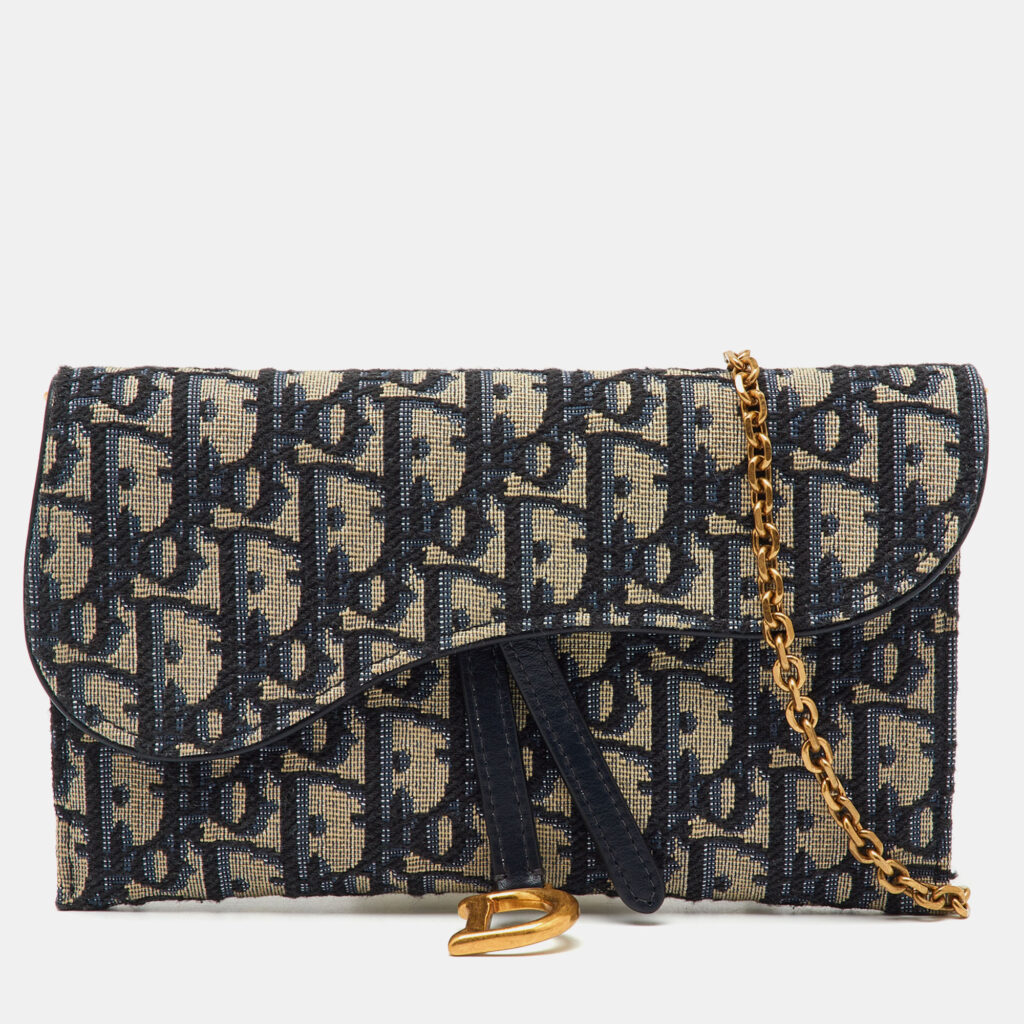 Dior Navy Blue Oblique Canvas and Leather Saddle Wallet On Chain
