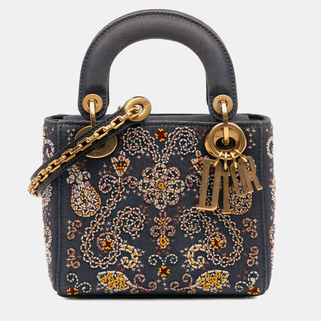 Dior Blue Mini Denim Embroidered Lady Dior Dior Blue Mini Denim Embroidered Lady Dior