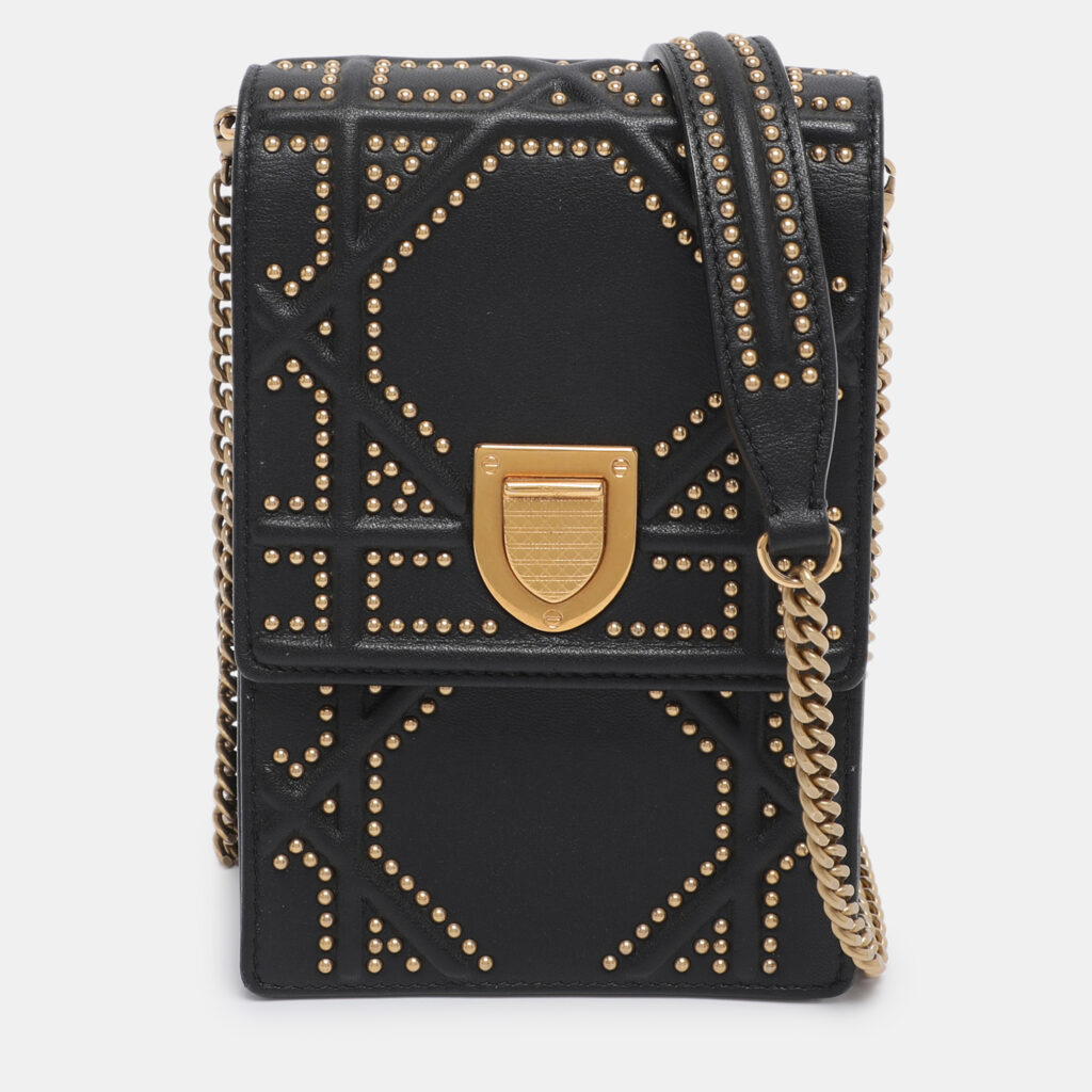 Dior Black Leather Studded Diorama Vertical Chain Clutch Dior Black Leather Studded Diorama Vertical Chain Clutch
