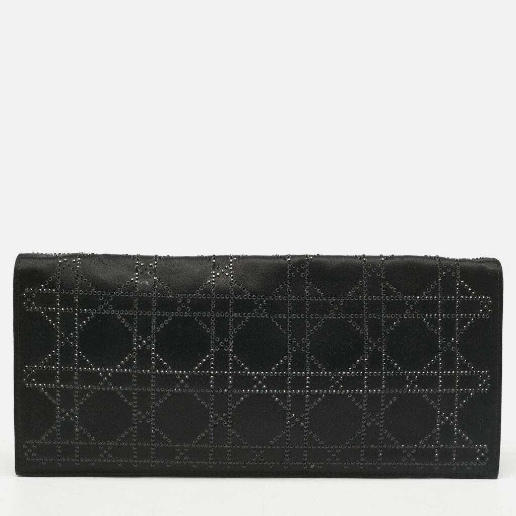 Dior Black Cannage Satin Crystals Lady Dior Chain Clutch