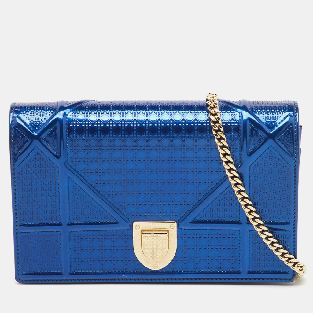 Dior Metallic Blue Micro Cannage Patent Leather Diorama Wallet on Chain Dior Metallic Blue Micro Cannage Patent Leather Diorama Wallet on Chain