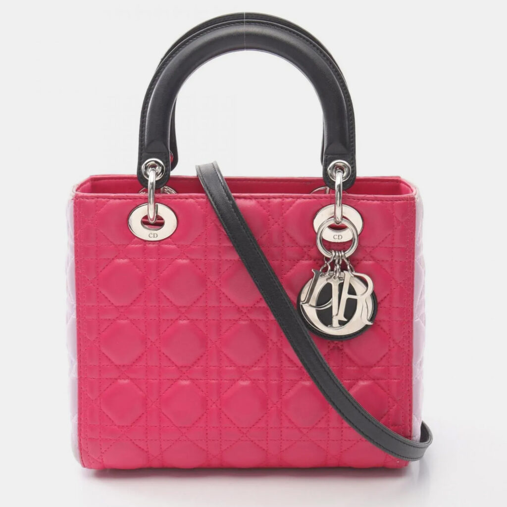 Christian Dior Lady Dior Lady Cannage Handbag Leather Pink Purple Black Christian Dior Lady Dior Lady Cannage Handbag Leather Pink Purple Black
