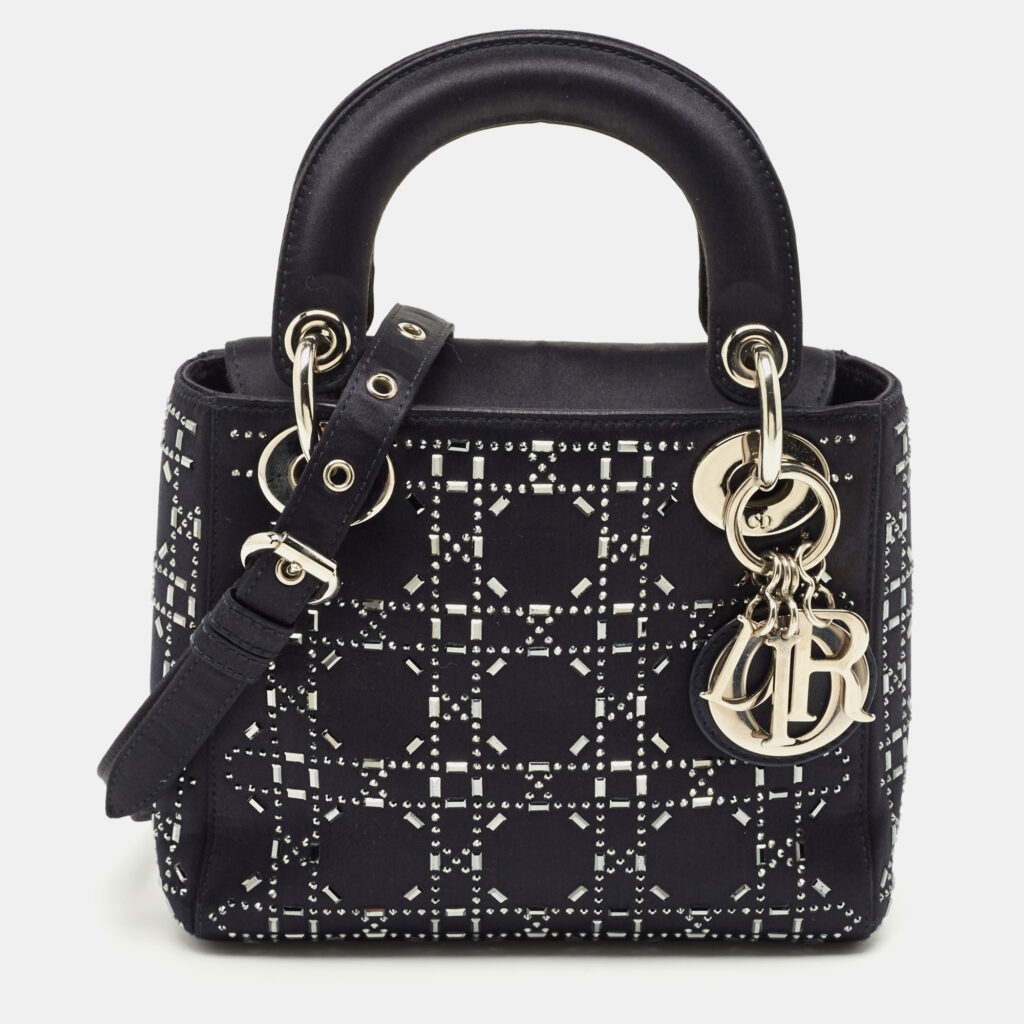 Dior Navy Blue Satin Cannage Strass Crystal Embellished Mini Lady Dior Tote Dior Navy Blue Satin Cannage Strass Crystal Embellished Mini Lady Dior Tote