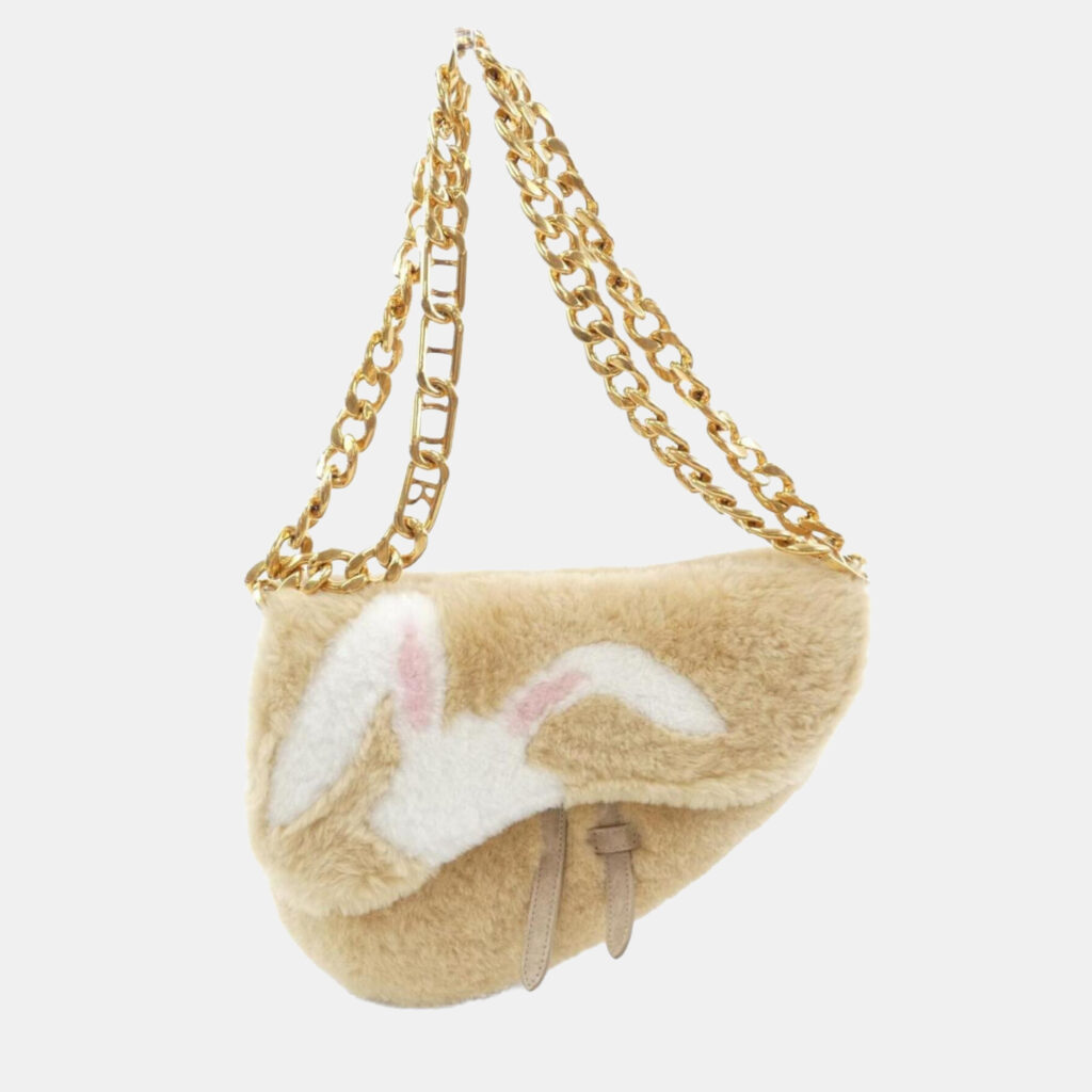 Christian Dior Beige Shearling Saddle Handbag