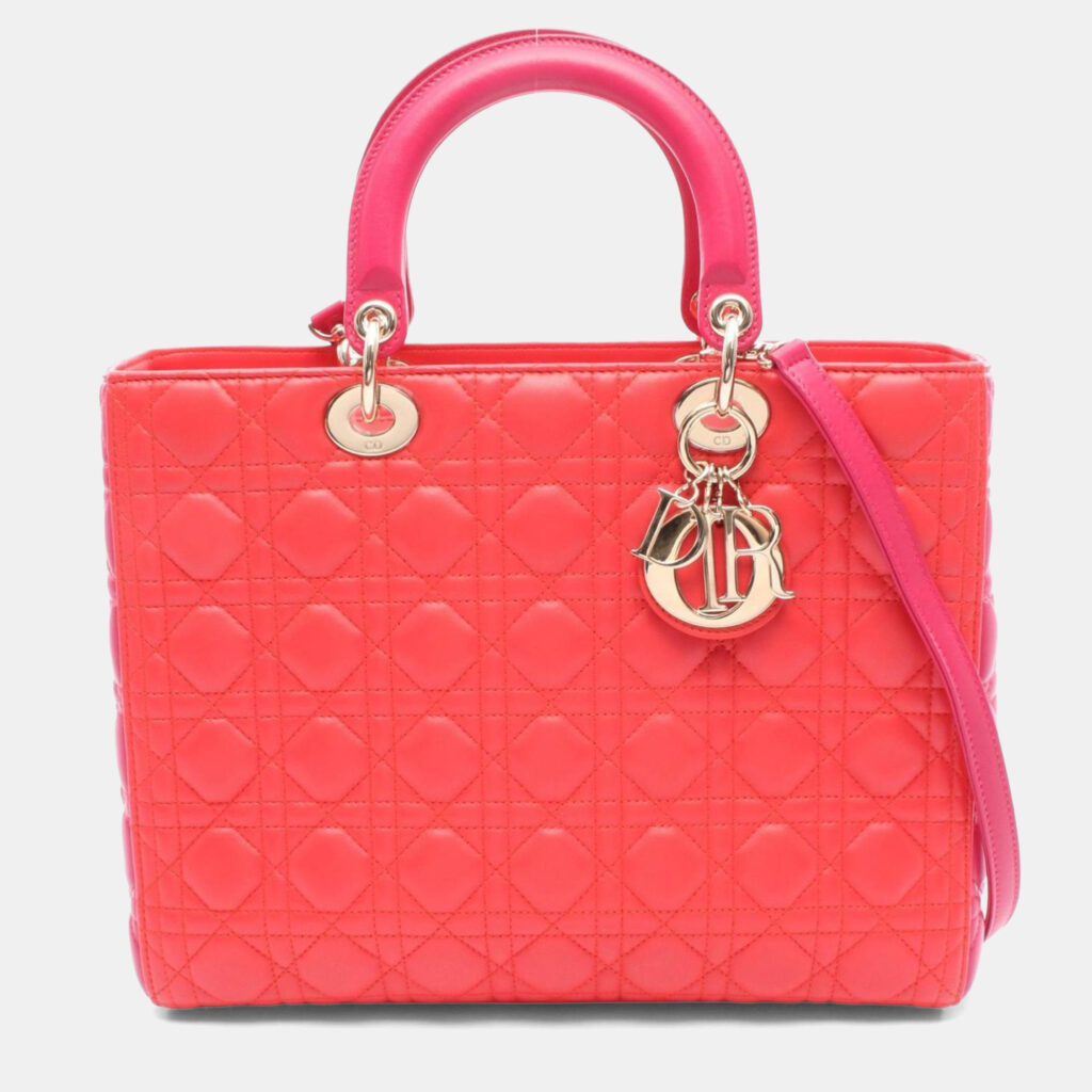 Christian Dior Dior Lady Large Handbag Leather Red Pink Christian Dior Dior Lady Large Handbag Leather Red Pink