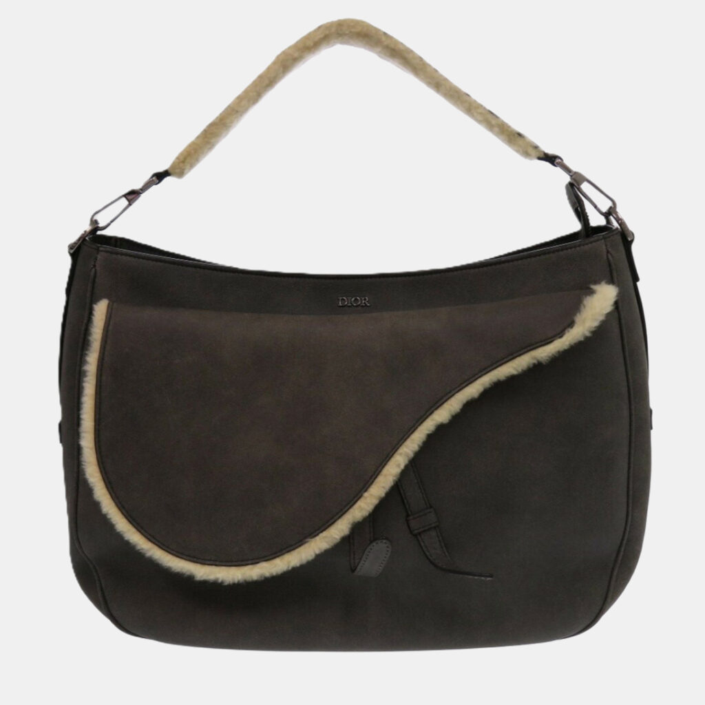 Christian Dior Saddle Shearling Mouton Gray Shoulder Bag