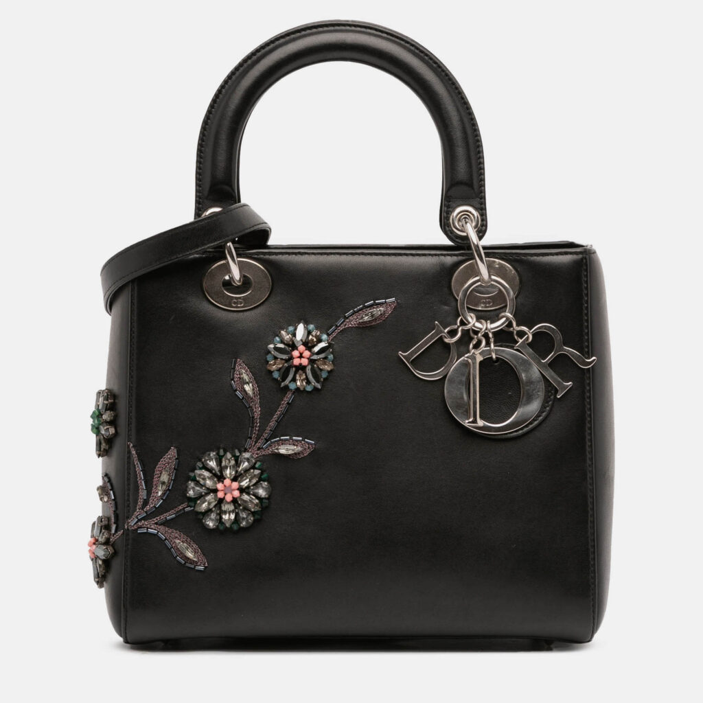 Dior Black Medium Beaded Floral Embellished Lambskin Lady Dior Dior Black Medium Beaded Floral Embellished Lambskin Lady Dior