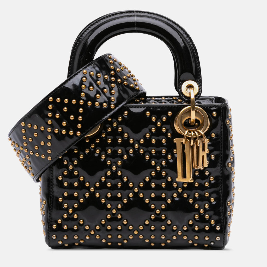 Dior Black Mini Patent Cannage Studded Supple Lady Dior