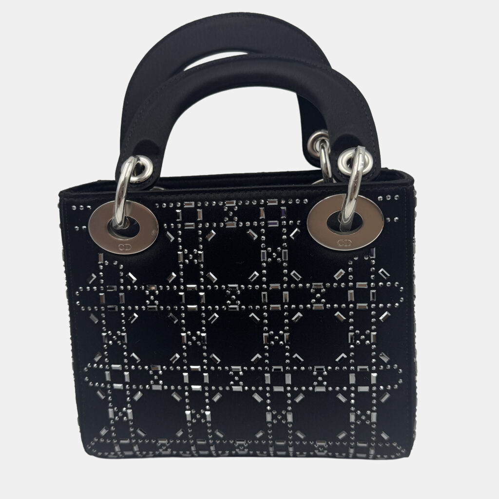 Dior Black Cannage Satin Mini Crystal Embellished Lady Dior Tote