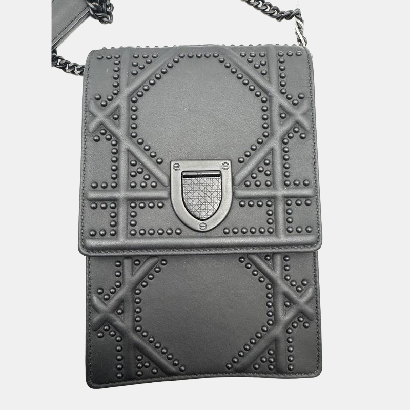 Dior Black Leather Studded Diorama Vertical Chain Clutch