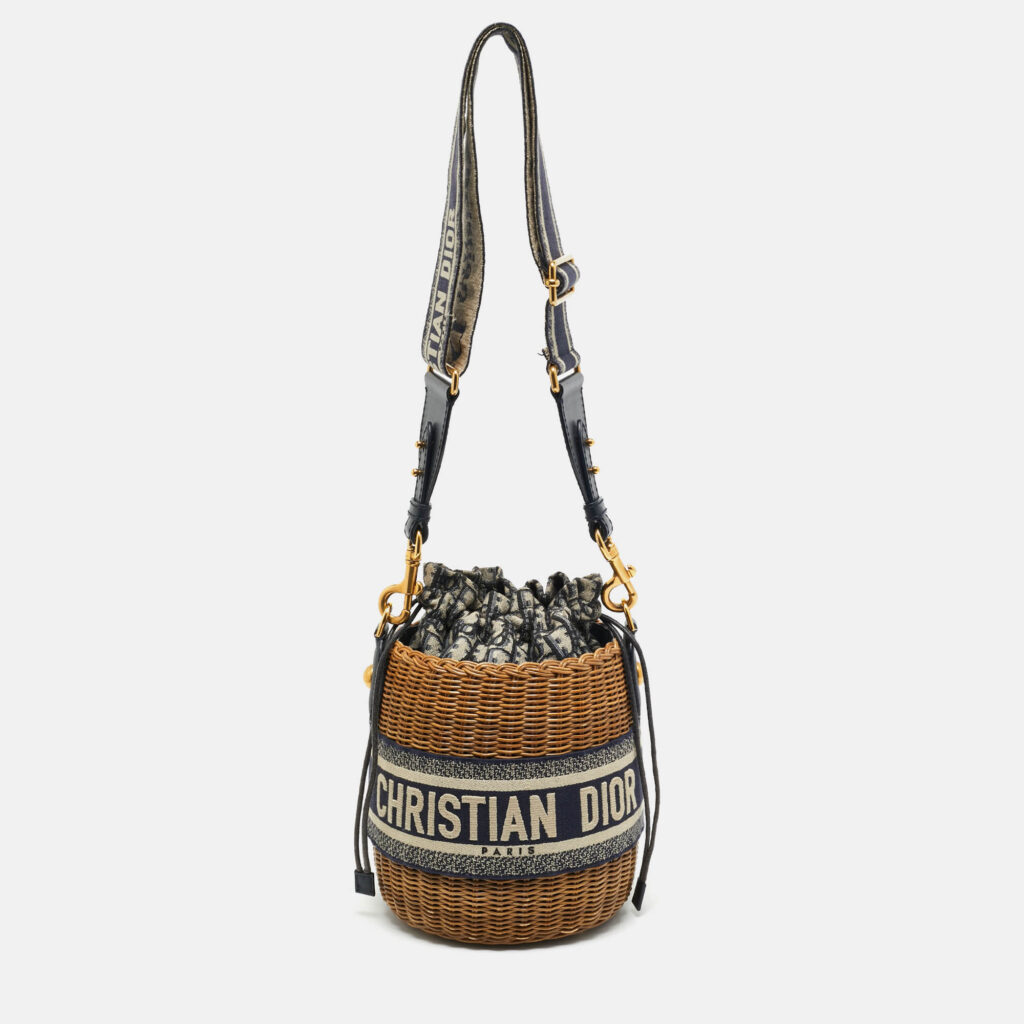 Dior Navy Blue/Brown Oblique Canvas and Raffia Drawstring Bucket Bag Dior Navy Blue/Brown Oblique Canvas and Raffia Drawstring Bucket Bag