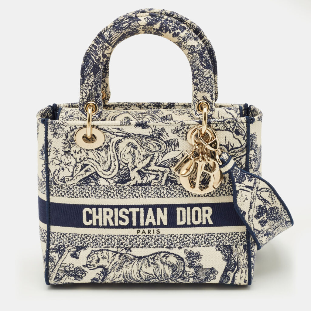 Dior Navy Blue/White Embroidered Canvas Medium Toile de Jouy Lady D-Lite Tote