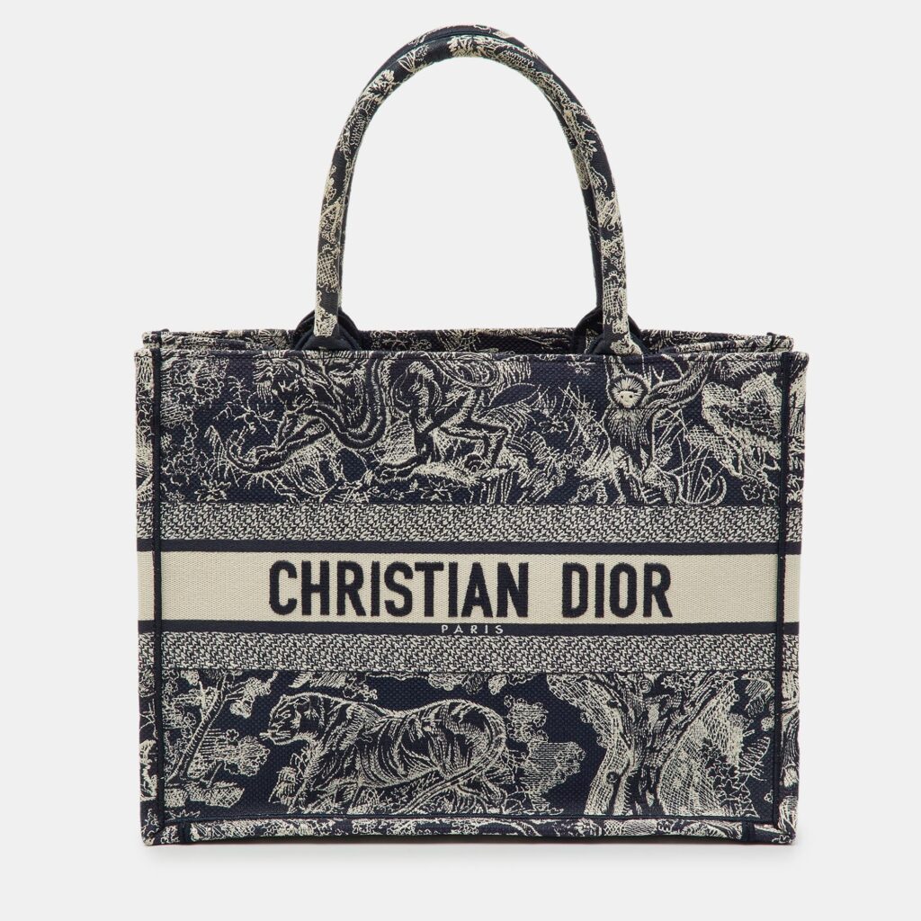 Dior Navy Blue/Beige Toile De Jouy Embroidered Canvas Medium Book Tote