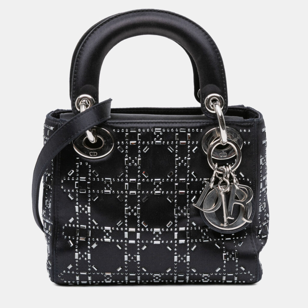 Dior Black Mini Satin Cannage Strass Crystal Embellished Lady Dior